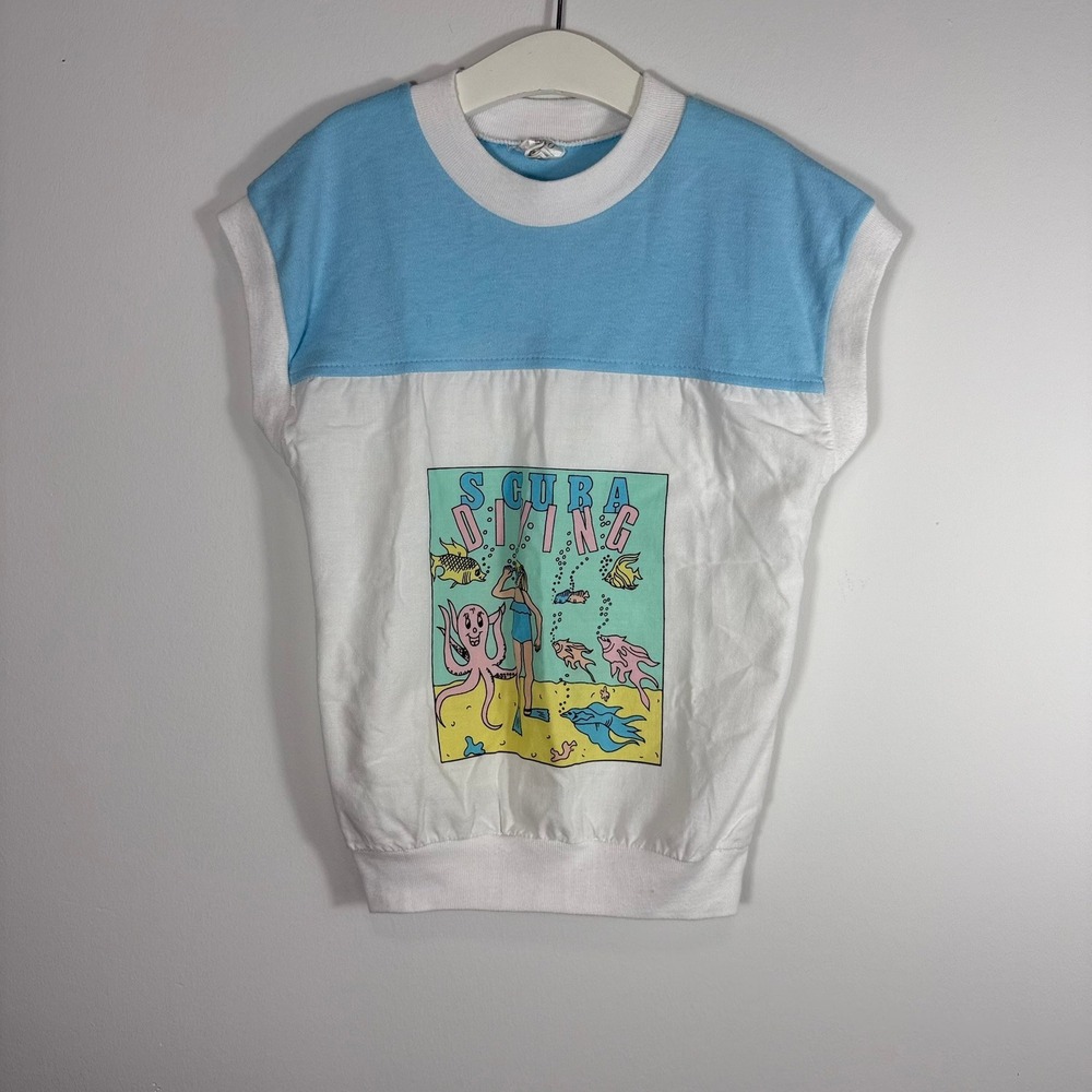 Vintage 80s Sanco Scuba Diving Graphic Sleeveless Sweatshirt Kids 5/6 Blue White